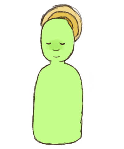 a light green figure with a yellow halo behind them. they have a face, smiling with closed eyes.